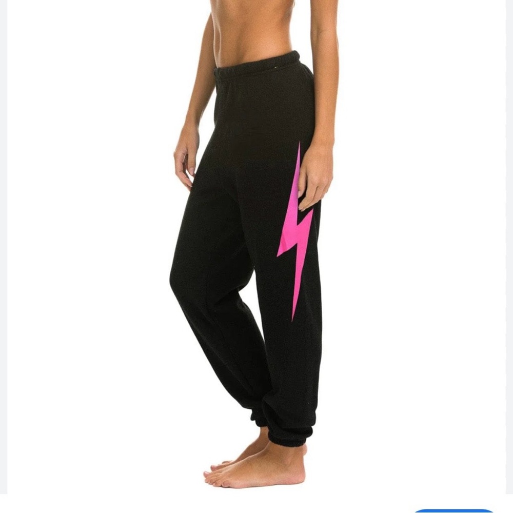 Aviator Nation Charcoal Sweatpants with Neon pink lightning bolt